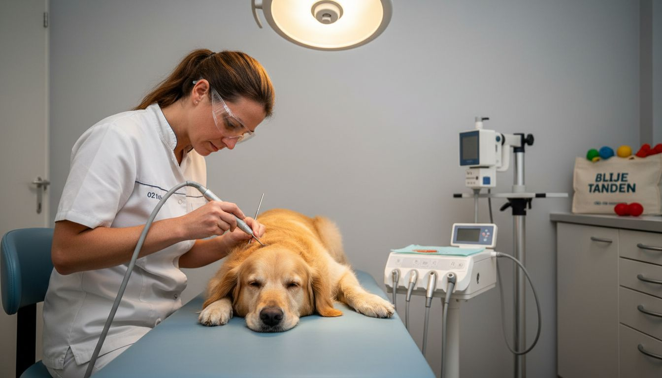 Een hondentandarts werkt met geavanceerde apparatuur die speciaal ontwikkeld is voor het gebit van honden.