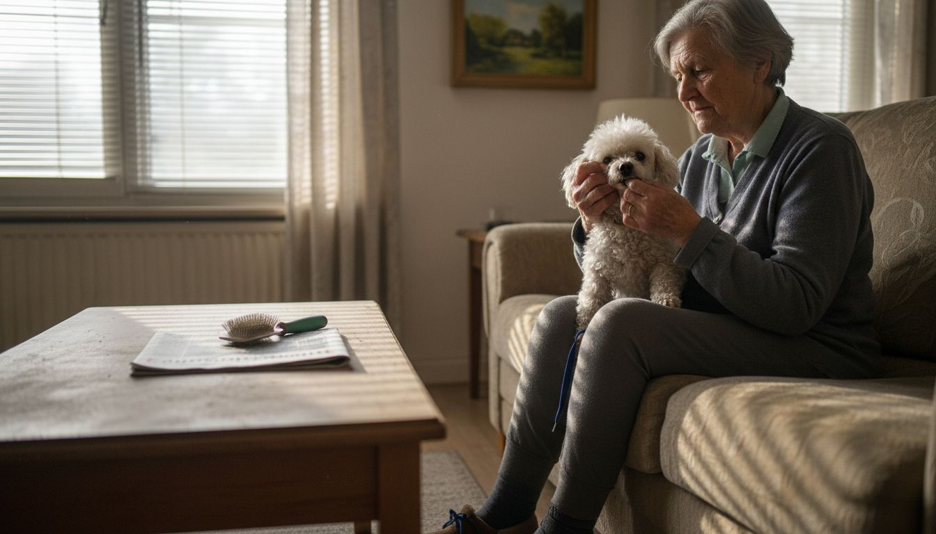 De eigenaar bekijkt het gebit van haar poedeltje om te controleren of alles in orde is.
