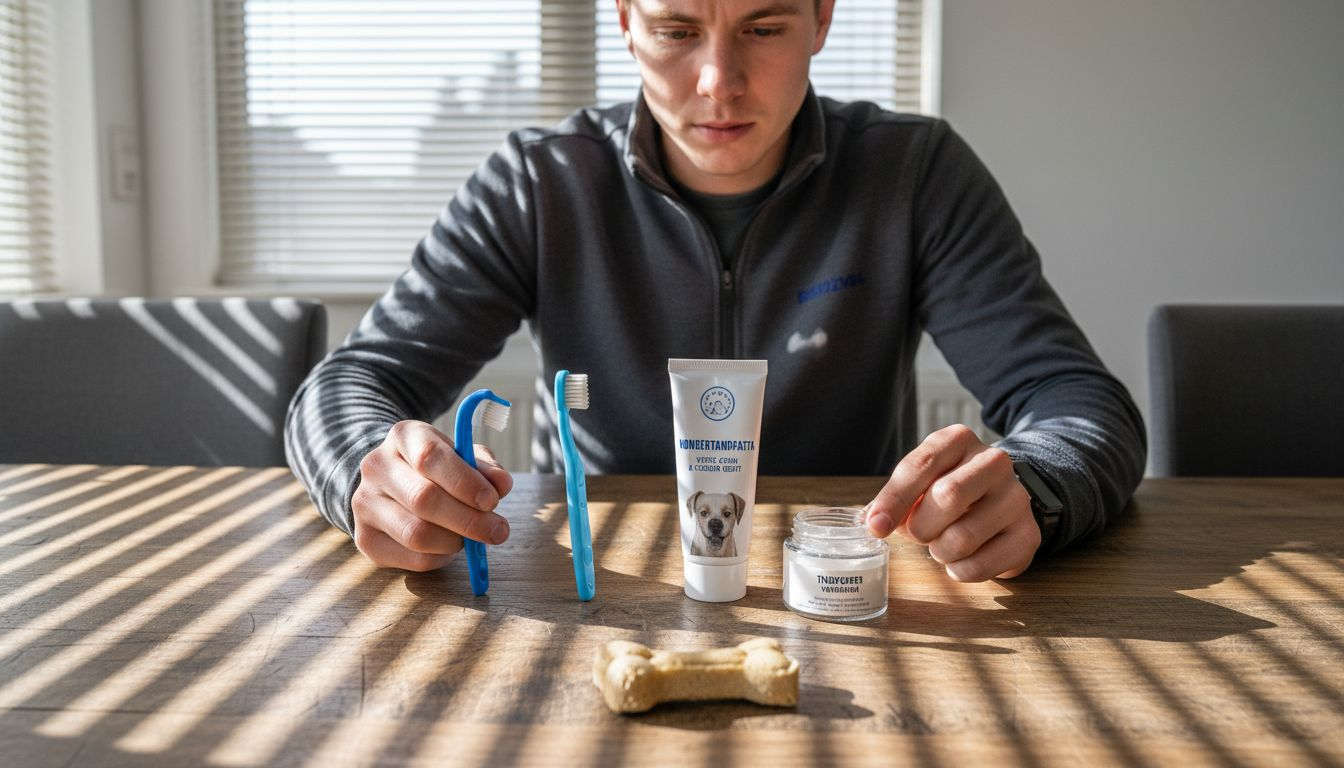 Producten voor de gebitsverzorging van je hond op de keukentafel