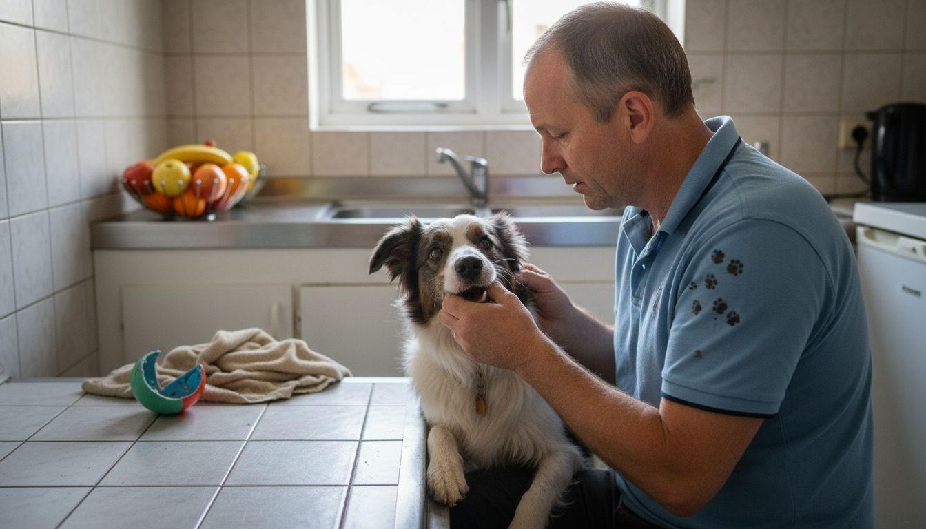 Een man opent voorzichtig de bek van zijn hond.