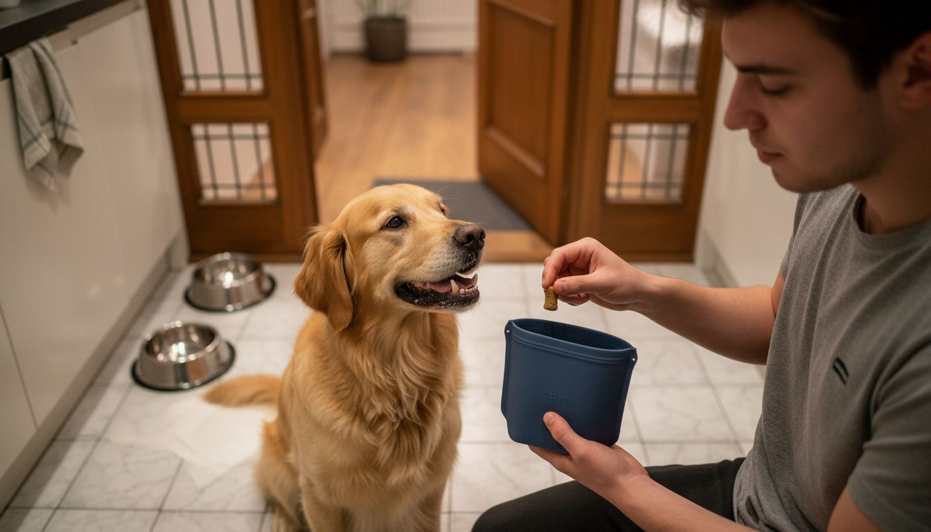 Na het controleren van het gebit van zijn hond in de keuken, beloont de man zijn trouwe viervoeter met een lekkernij.