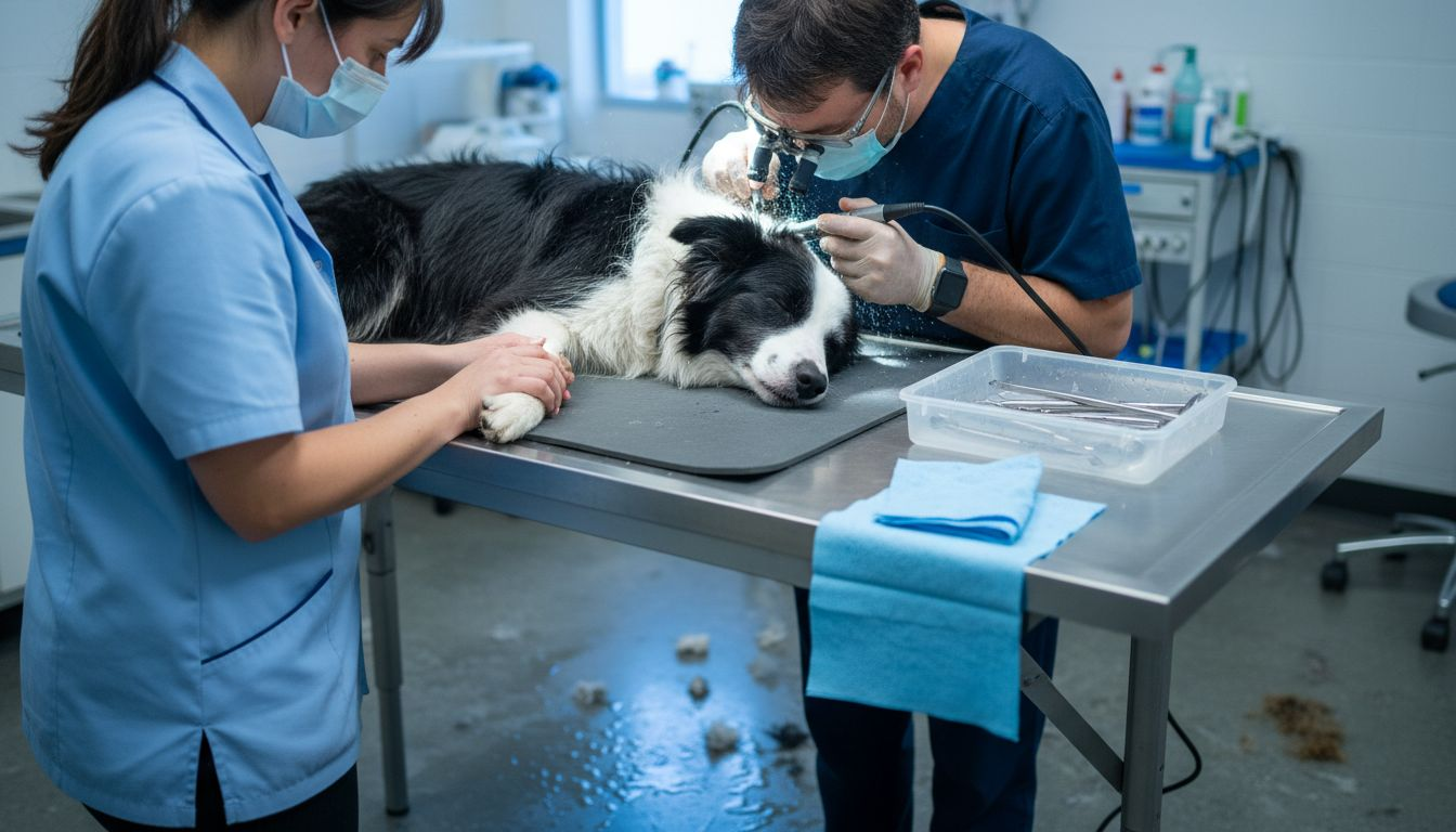De hond krijgt een professionele gebitsreiniging bij de dierenarts, zodat zijn tanden weer schoon en gezond zijn.