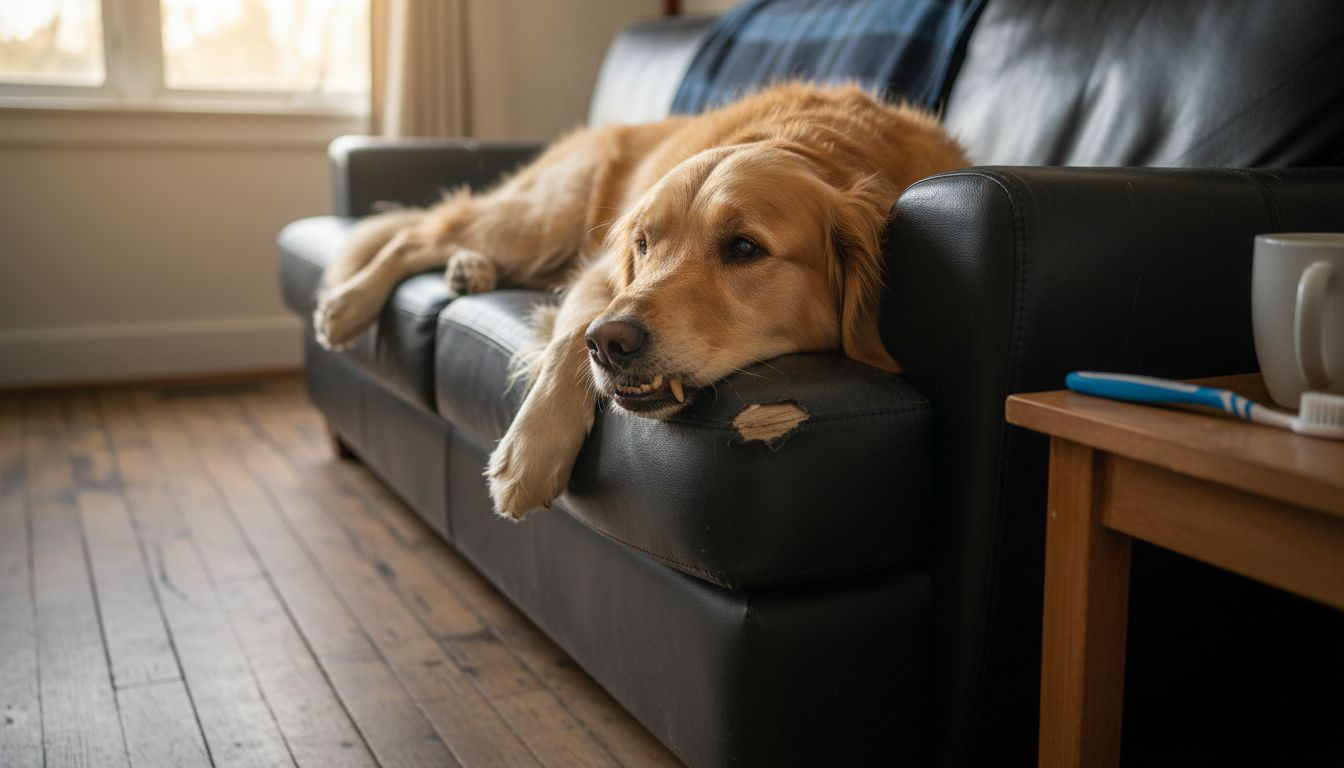 Onze hond ligt lekker op de bank in de woonkamer, maar heeft helaas last van tandsteen.