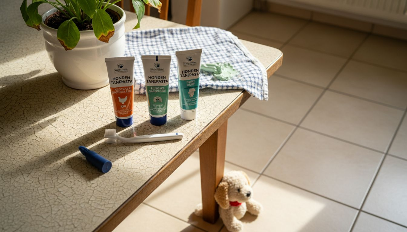 De hondentandpasta en borstels liggen weer op de keukentafel, klaar voor het poetsrondje.