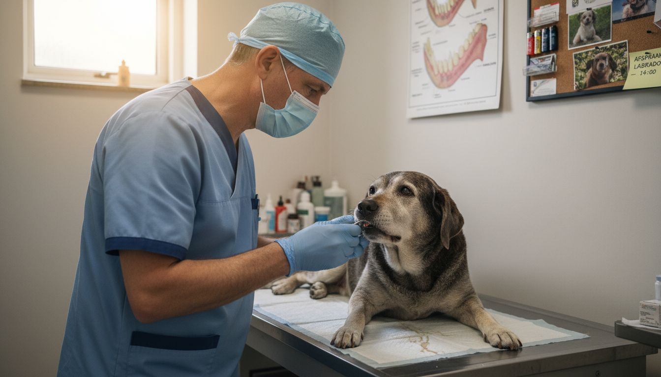 De dierenarts bekijkt het gebit van een oudere hond om te controleren of alles nog in orde is.