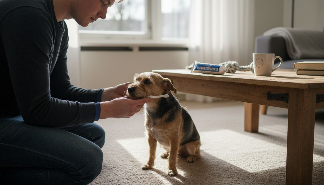 Een man poetst de tanden van zijn hond en brengt tandpasta aan op de borstel.
