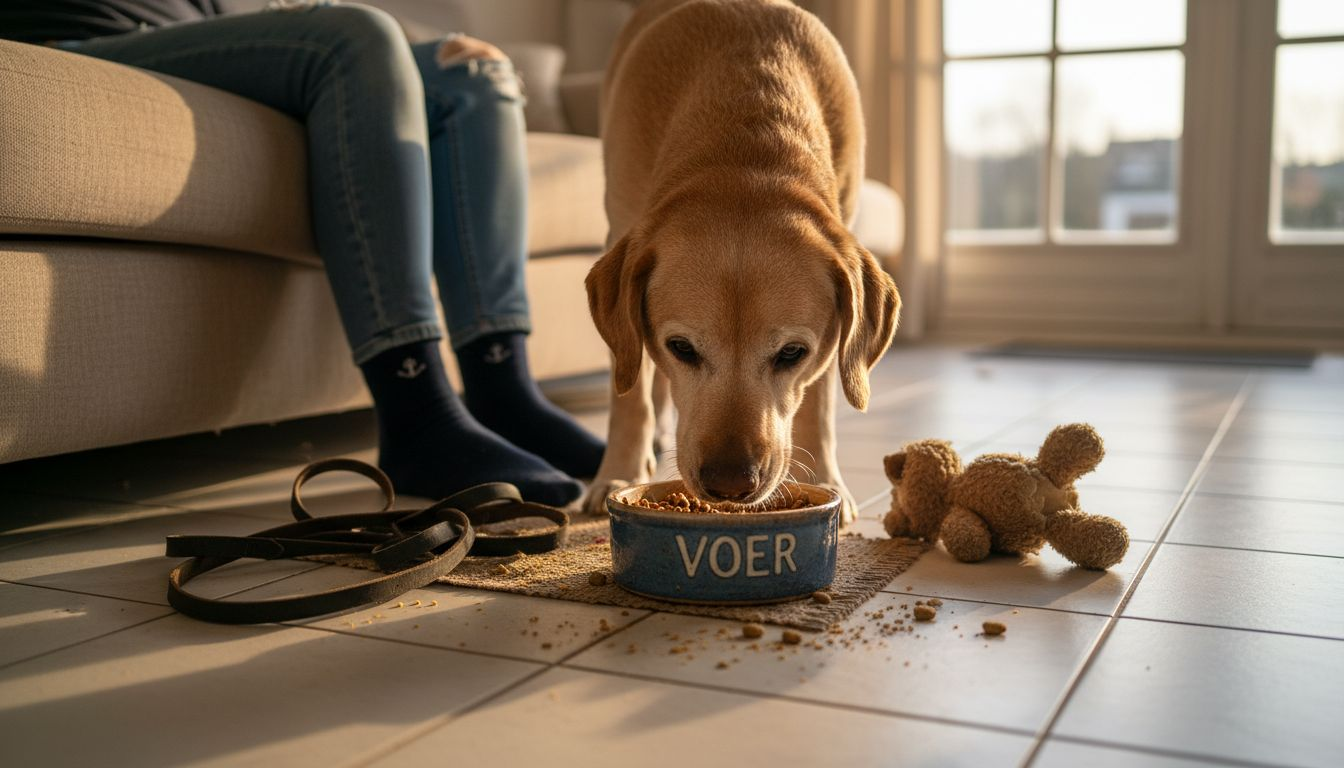 Een oudere hond zit rustig in de woonkamer zijn brokjes te eten.