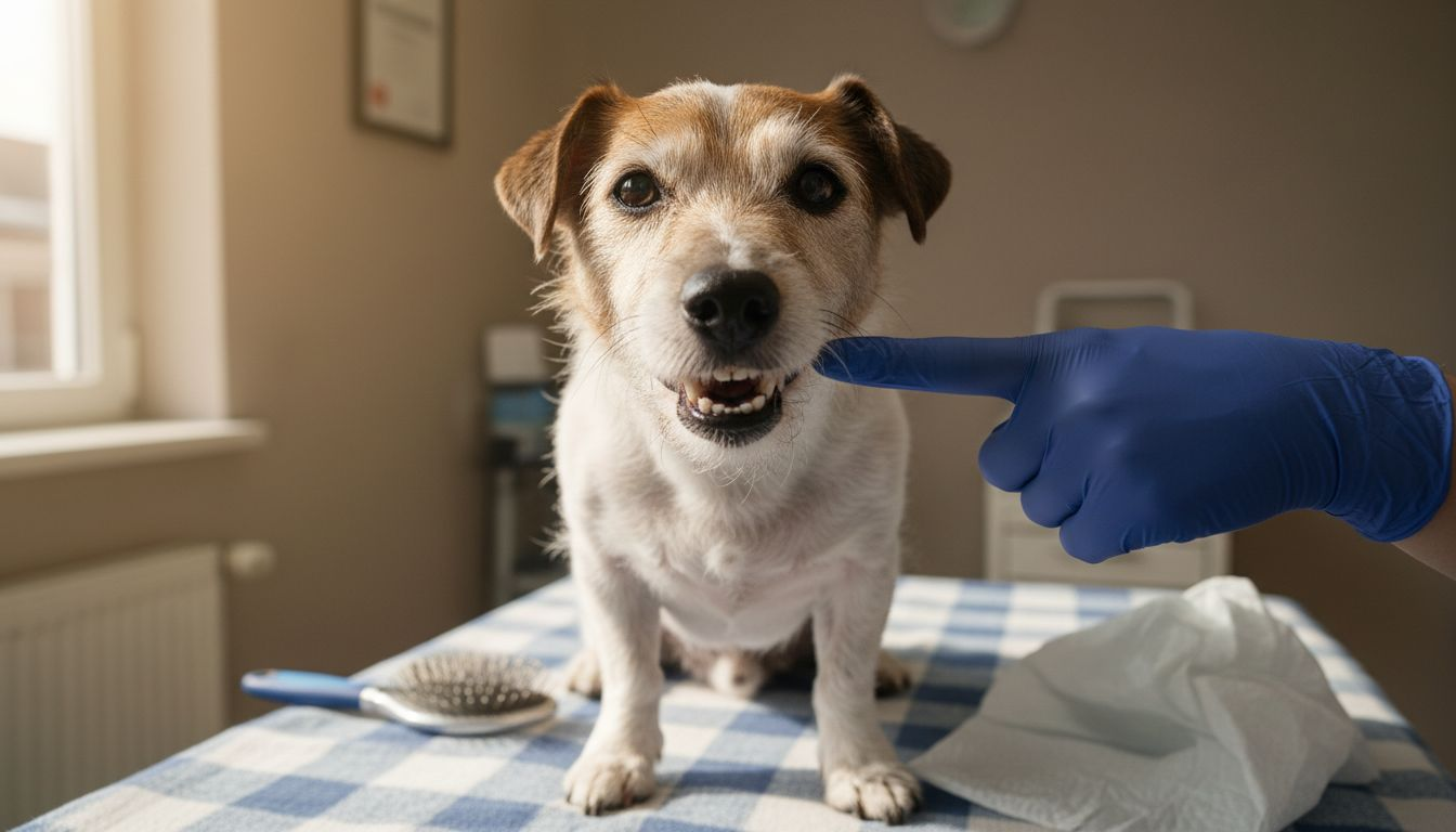 Hond laat na gebitsreiniging trots zijn schone tanden zien.