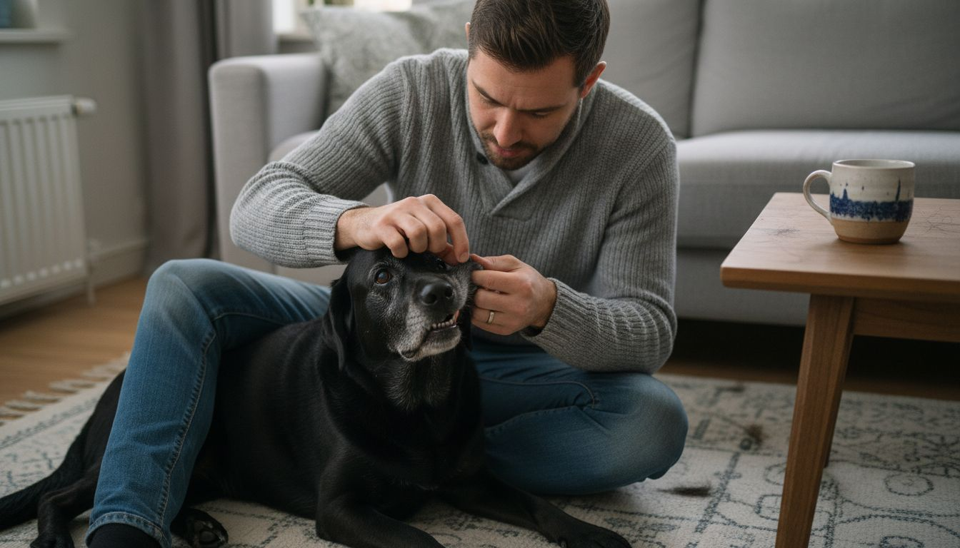 Baasje inspecteert het gebit van zijn hond terwijl ze samen op de bank zitten.