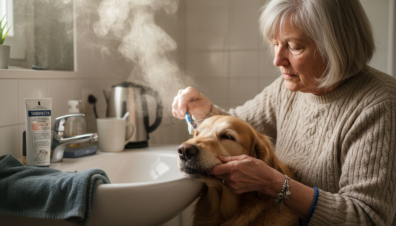 Baasje poetst de tanden van zijn hond