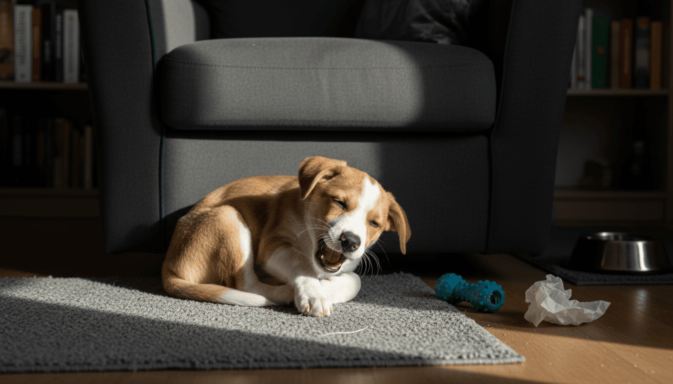 Puppy laat merken dat hij last heeft van z'n tandvlees