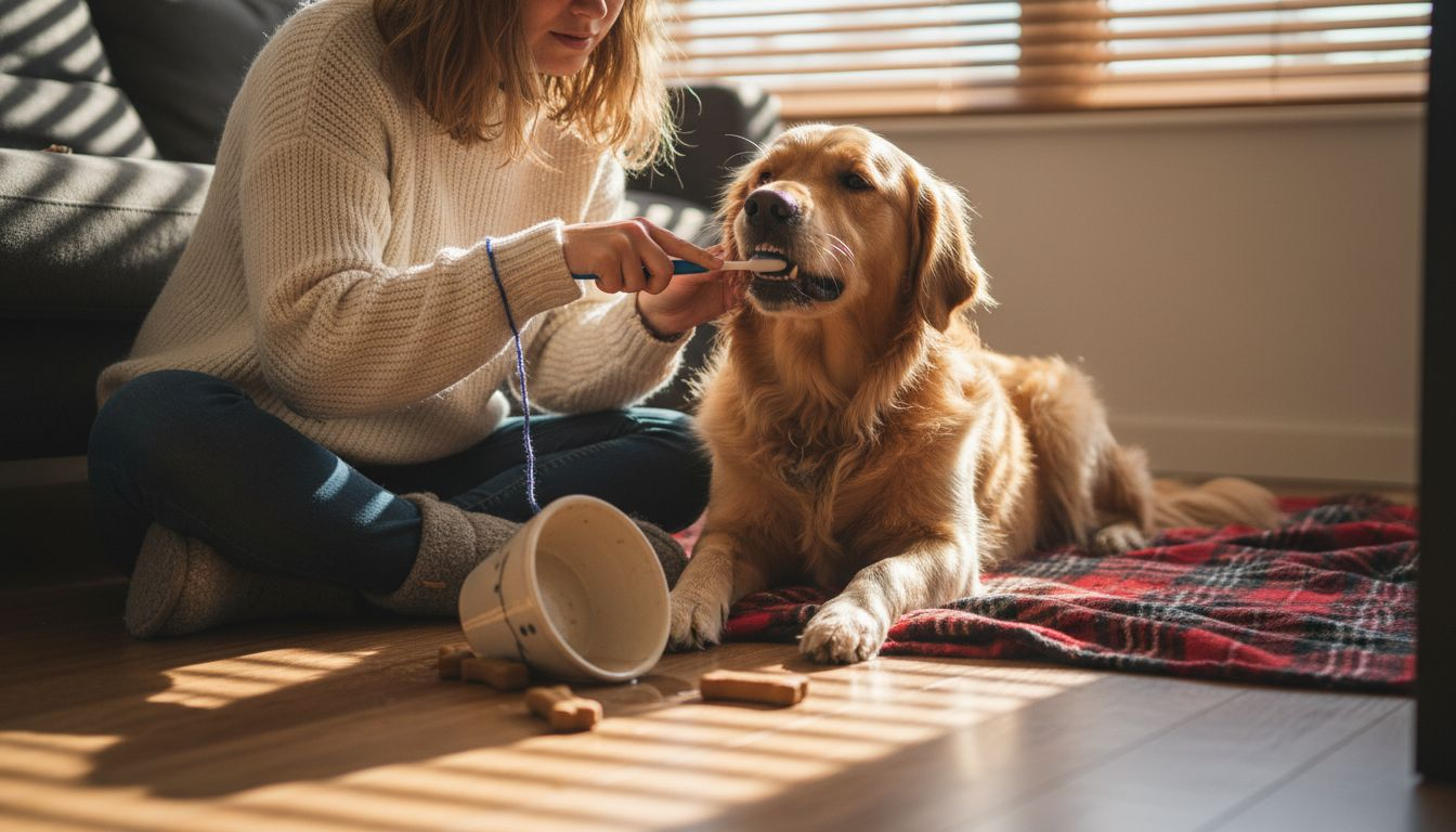 Het dagelijkse ritueel van een baasje dat de tanden van zijn hond poetst