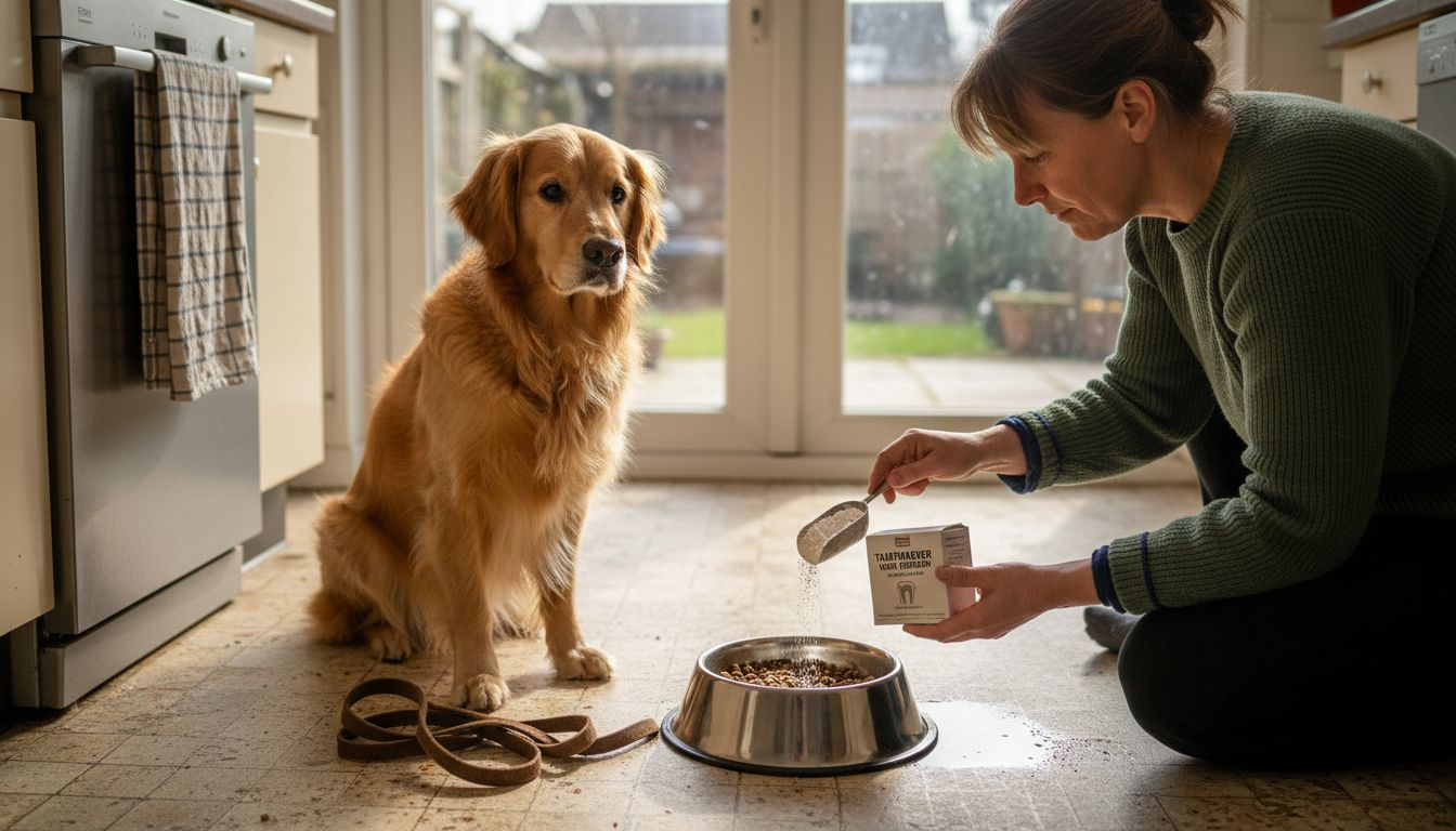Tandpoeder over het hondenvoer strooien
