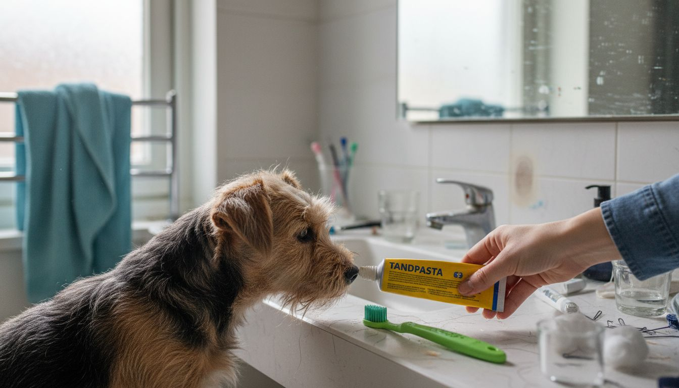 Een hond snuffelt aan een tube tandpasta die niet voor dieren bedoeld is, op het badkamerkastje.