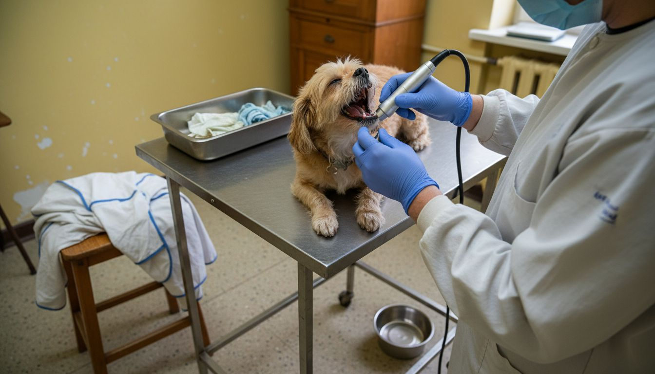 De hond krijgt een grondige gebitsreiniging bij de dierenarts.