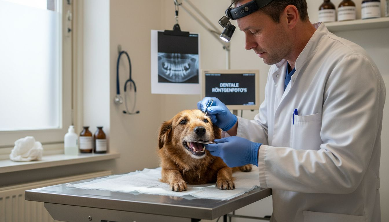 Bij de dierenarts wordt het gebit van de hond nagekeken.