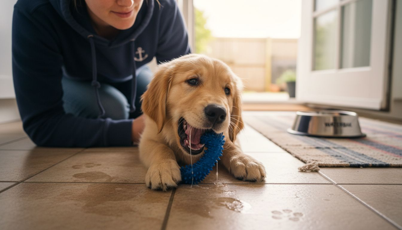 Een pup die tijdens het wisselen graag op een speciaal kauwspeeltje bijt om zijn tandjes te verzorgen.