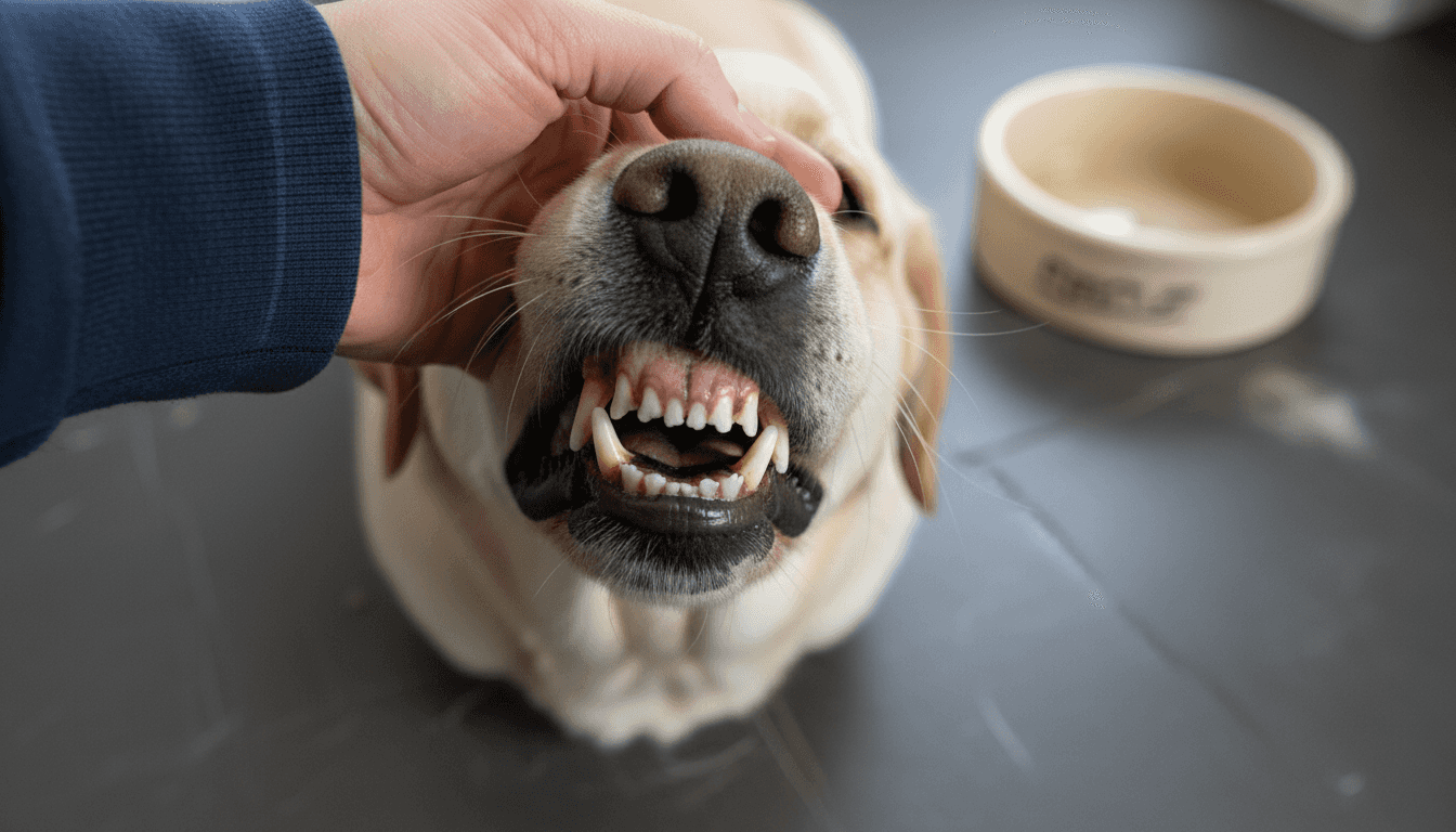 Detailfoto van het gebit van een hond waarop tandplak duidelijk te zien is.