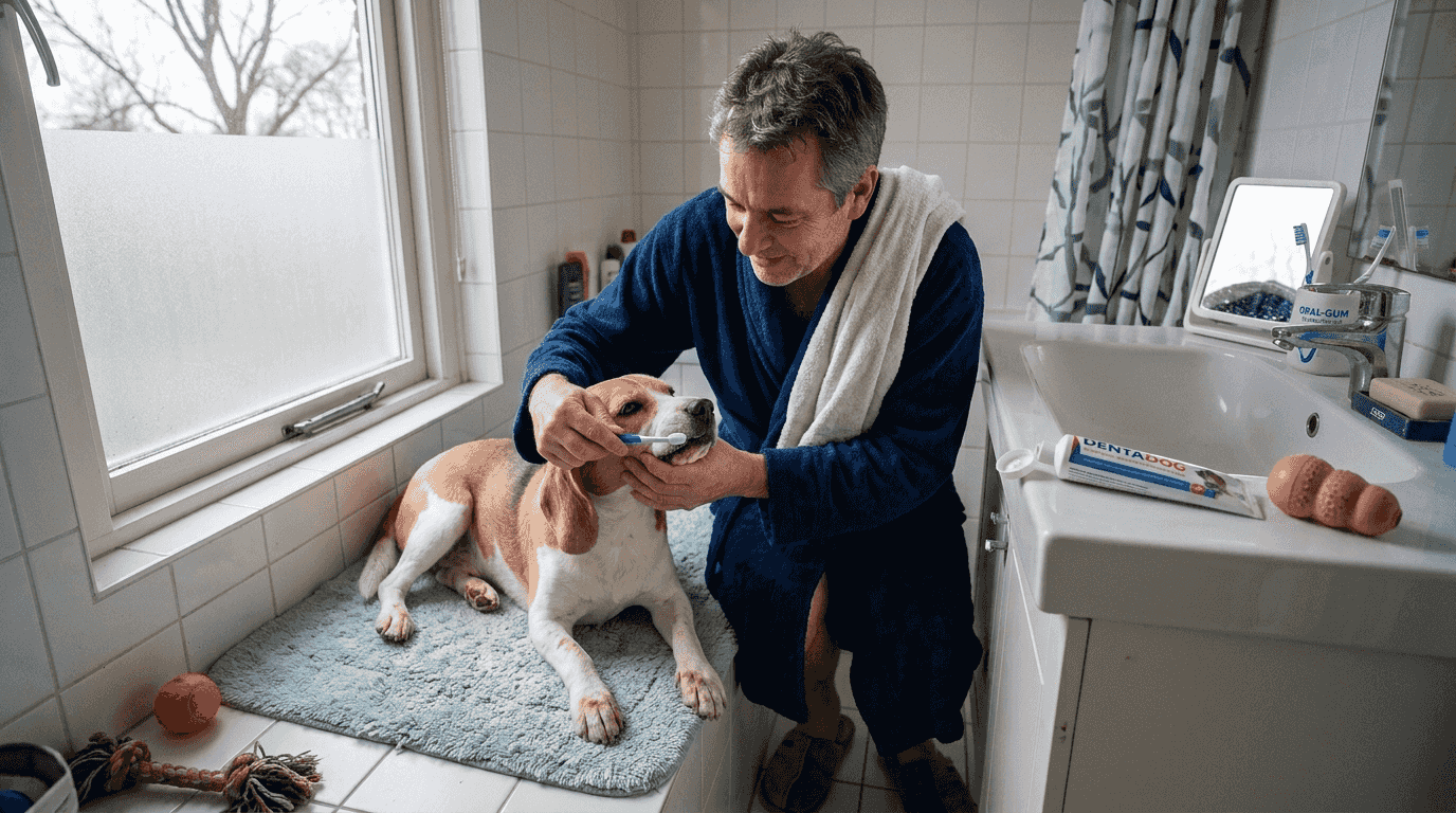 In een piepkleine badkamer poetst een man zorgvuldig de tanden van zijn hond.