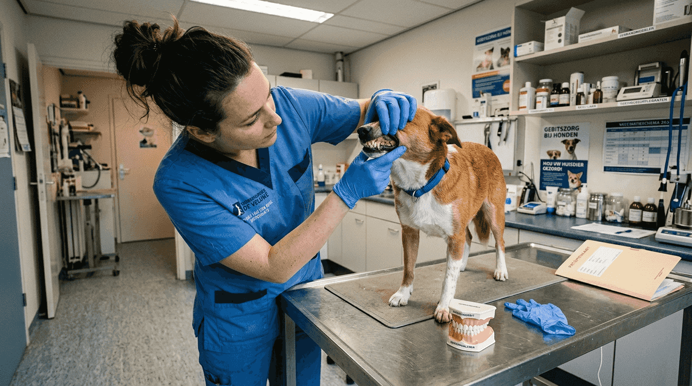De dierenarts bekijkt het gebit van de hond om te controleren of er tandsteen aanwezig is.