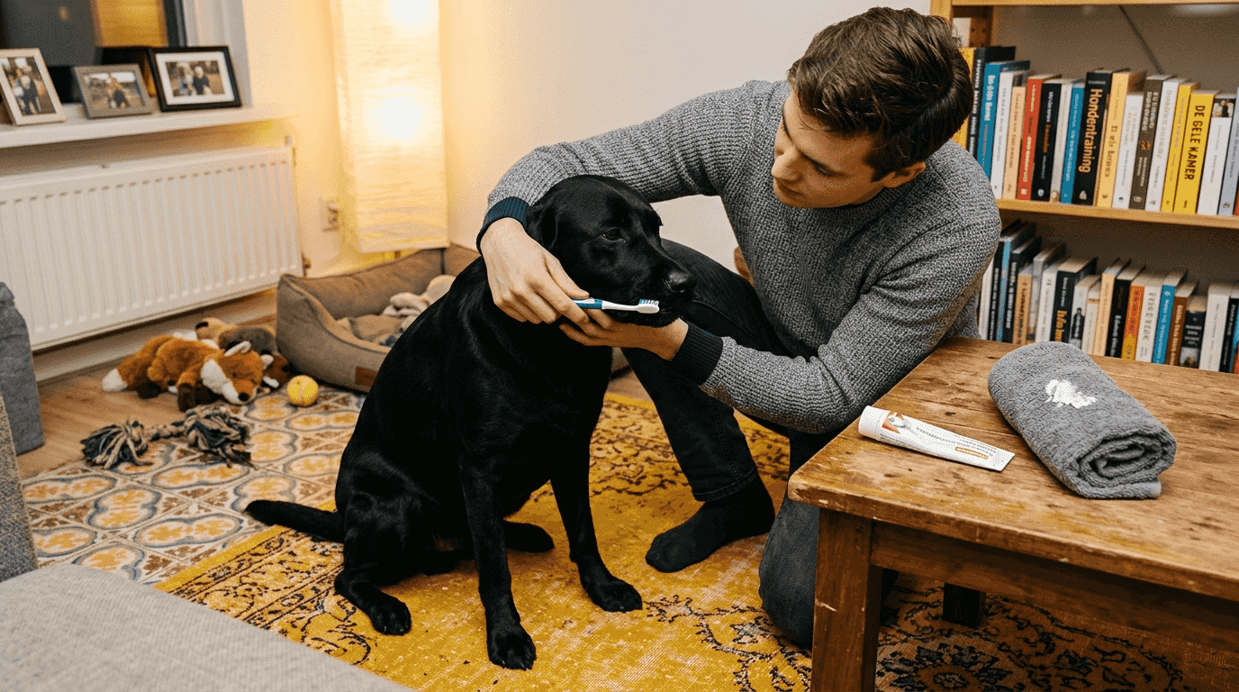 Man maakt de tanden van zijn hond schoon in de woonkamer