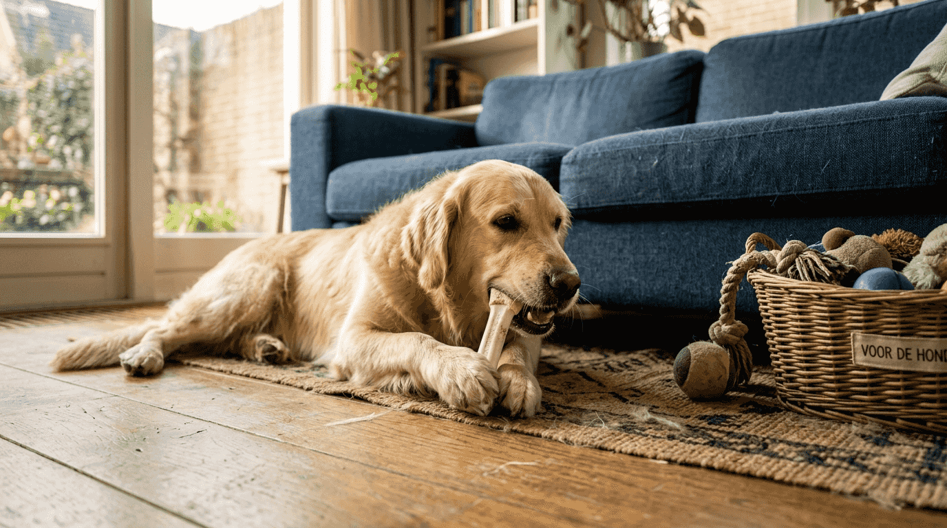 Een golden retriever geniet van zijn kauwbot met supplementen.