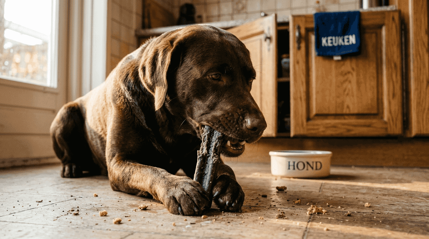 Onze hond ligt lekker op de keukenvloer te knabbelen aan zijn dental chew.