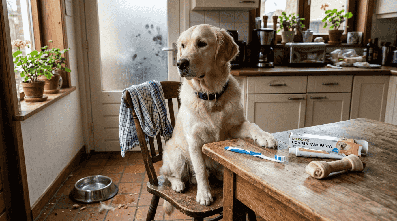 Hond tussen tandenborstel en tandpasta