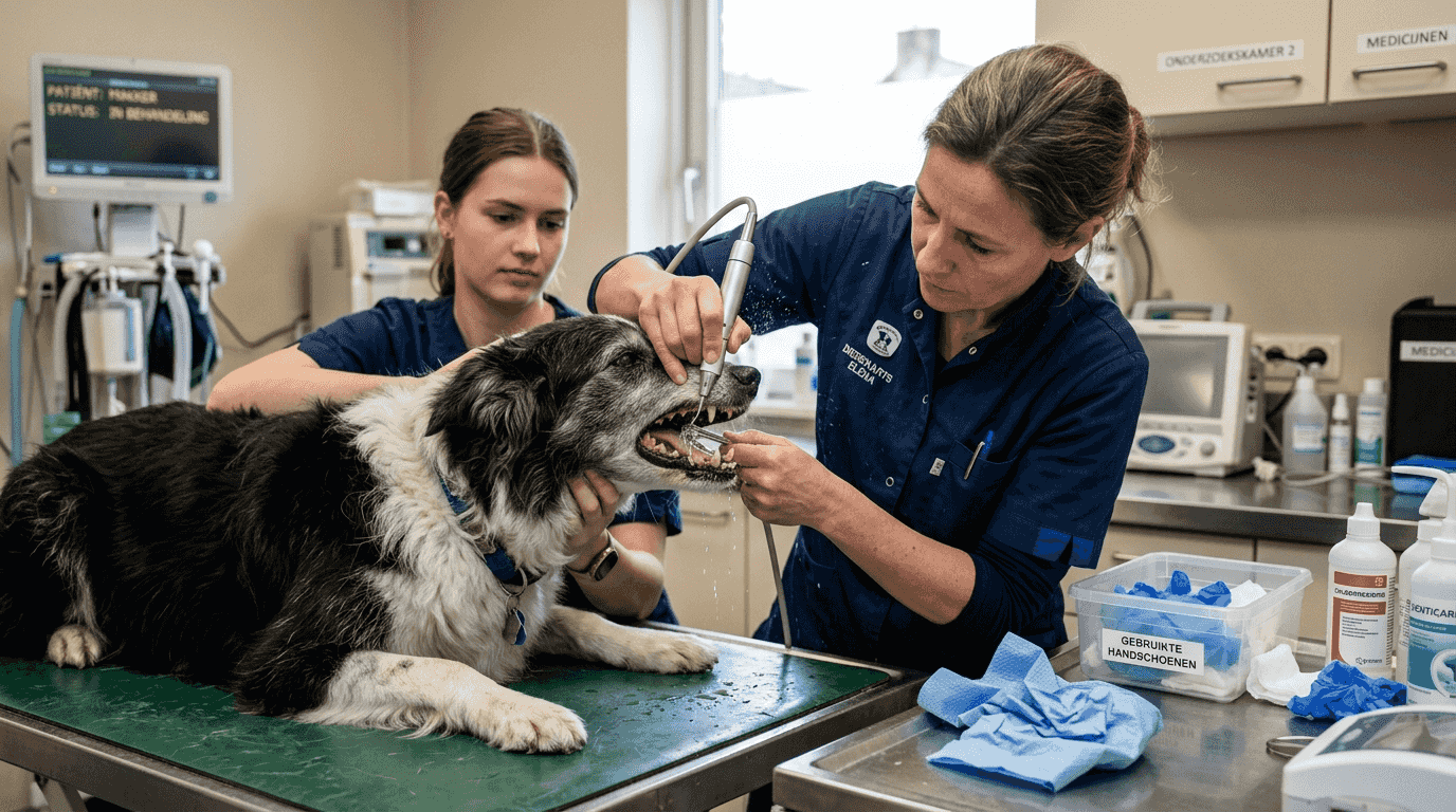 De hond krijgt een professionele gebitsreiniging bij de dierenarts.