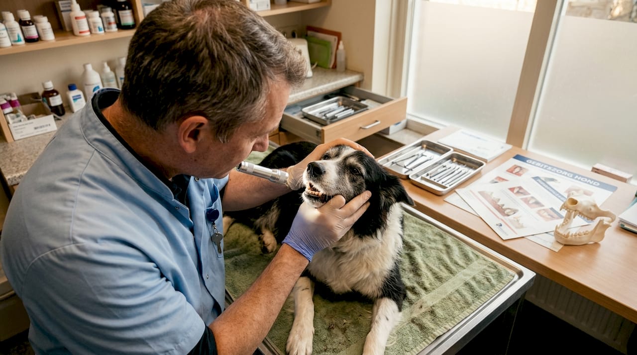 Een dierenarts bekijkt het gebit van een hond tijdens het spreekuur in de praktijk.