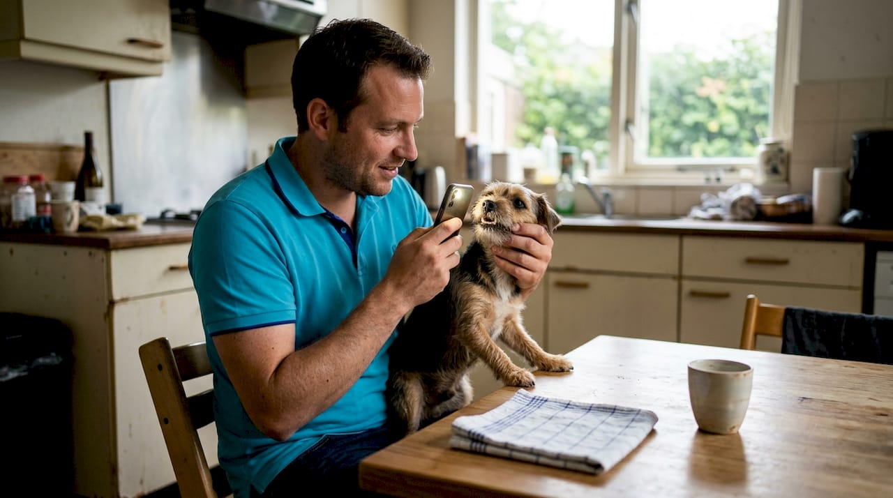 Man bekijkt het gebit van zijn hond met het lampje van zijn telefoon