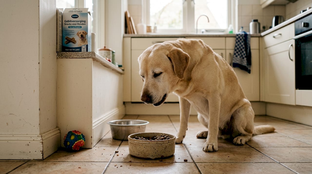 Een hond die op zijn gemak uit zijn voerbak eet.