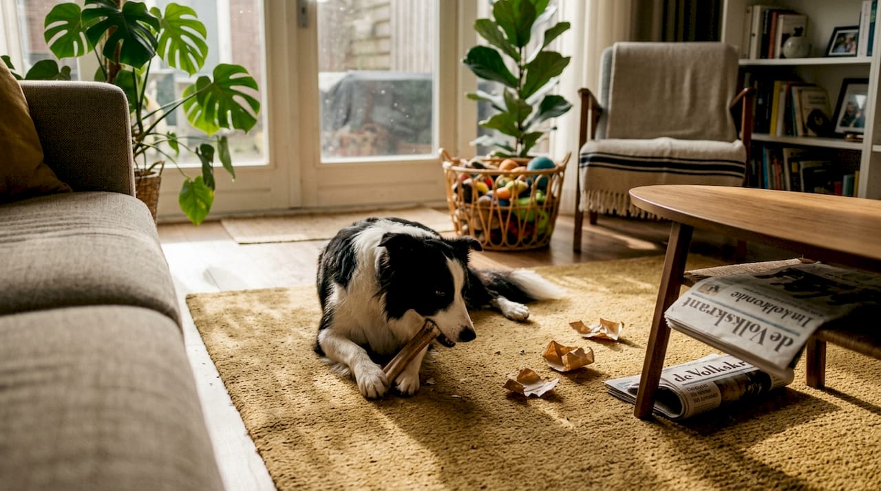 In de woonkamer ligt de hond lekker te knagen op zijn bot.