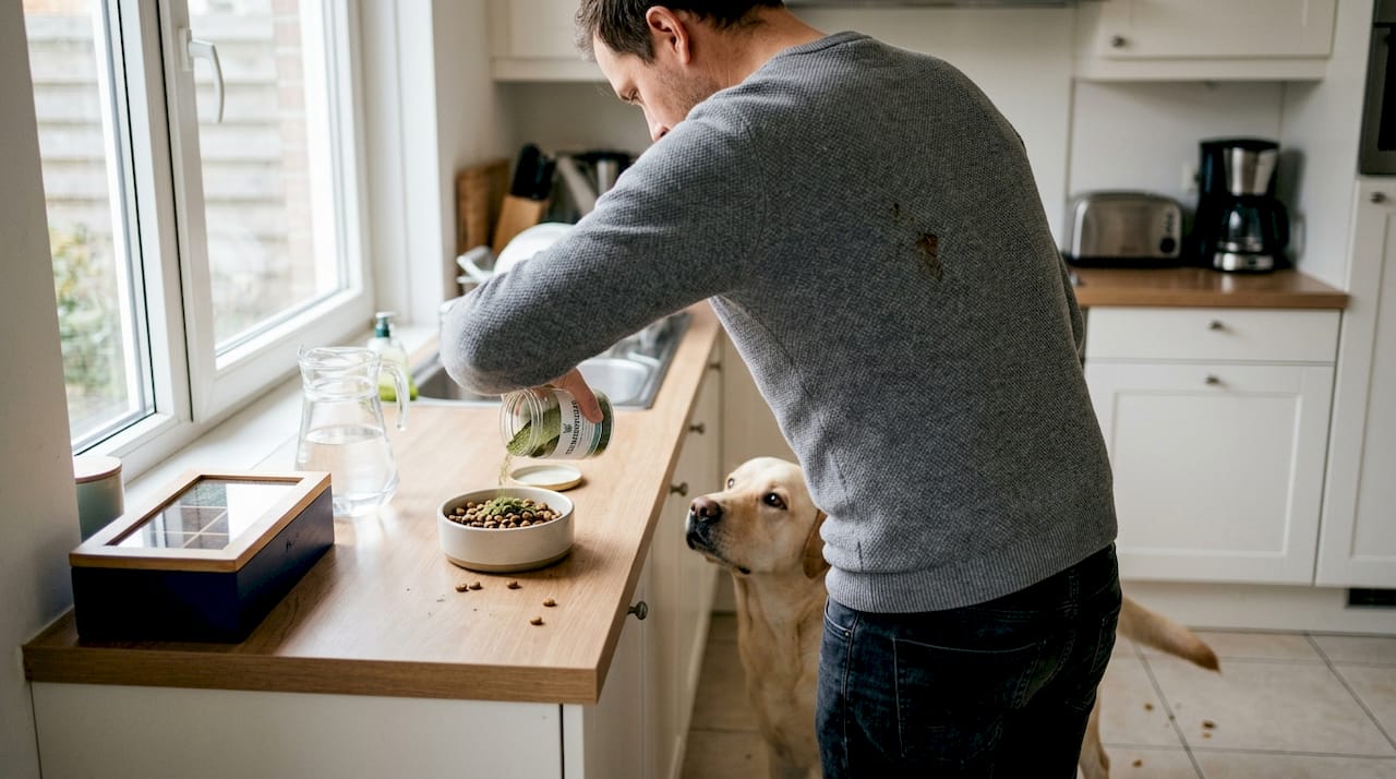 Een man strooit supplementen over het hondenvoer terwijl hij in de keuken bezig is.