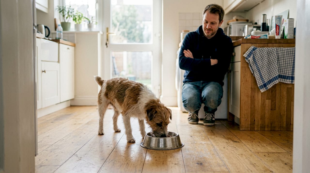 Terwijl de hond rustig zijn brokken opeet, kijkt het baasje geduldig toe.