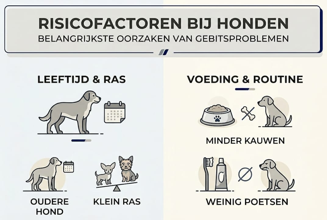Infographic: welke factoren vergroten het risico op gebitsproblemen bij honden?