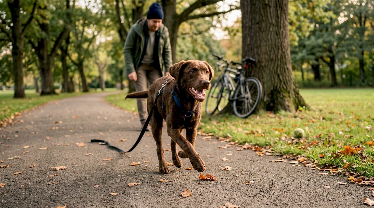 Ein fröhlicher Hund, der voller Energie durch den Stadtpark rennt