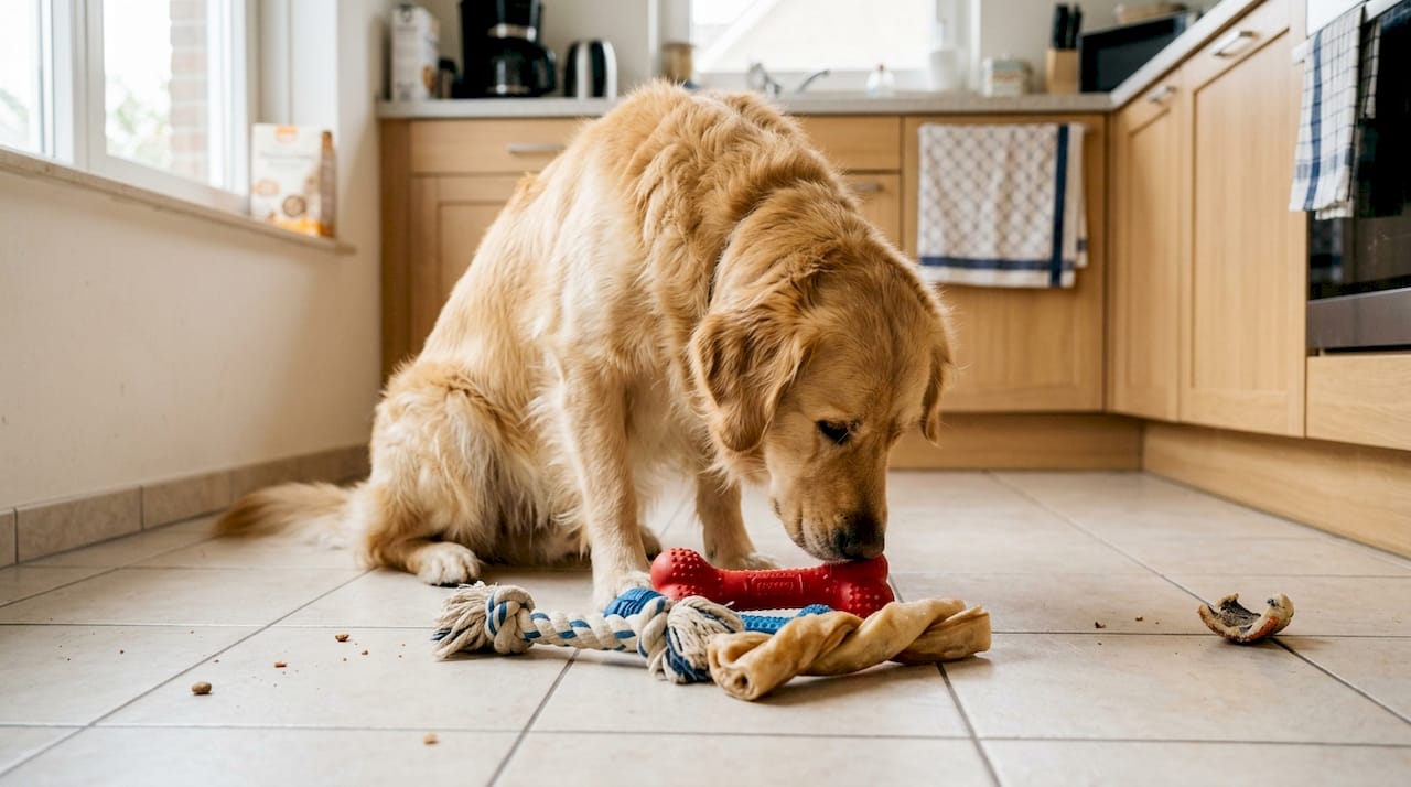 Ein Hund schnüffelt neugierig an seinen sicheren Kauspielzeugen, die auf dem Boden verstreut liegen.