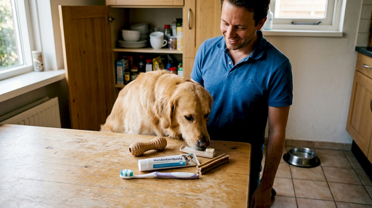 Hond snuffelt nieuwsgierig rond tussen de gebitsproducten op de keukentafel.