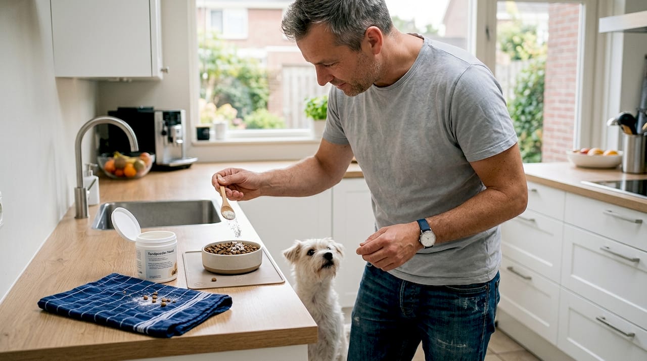Een man doet wat tandpoeder over de brokken van zijn hond.