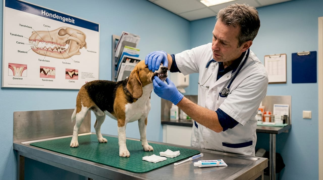De dierenarts bekijkt het gebit van de hond tijdens een klinische controle.