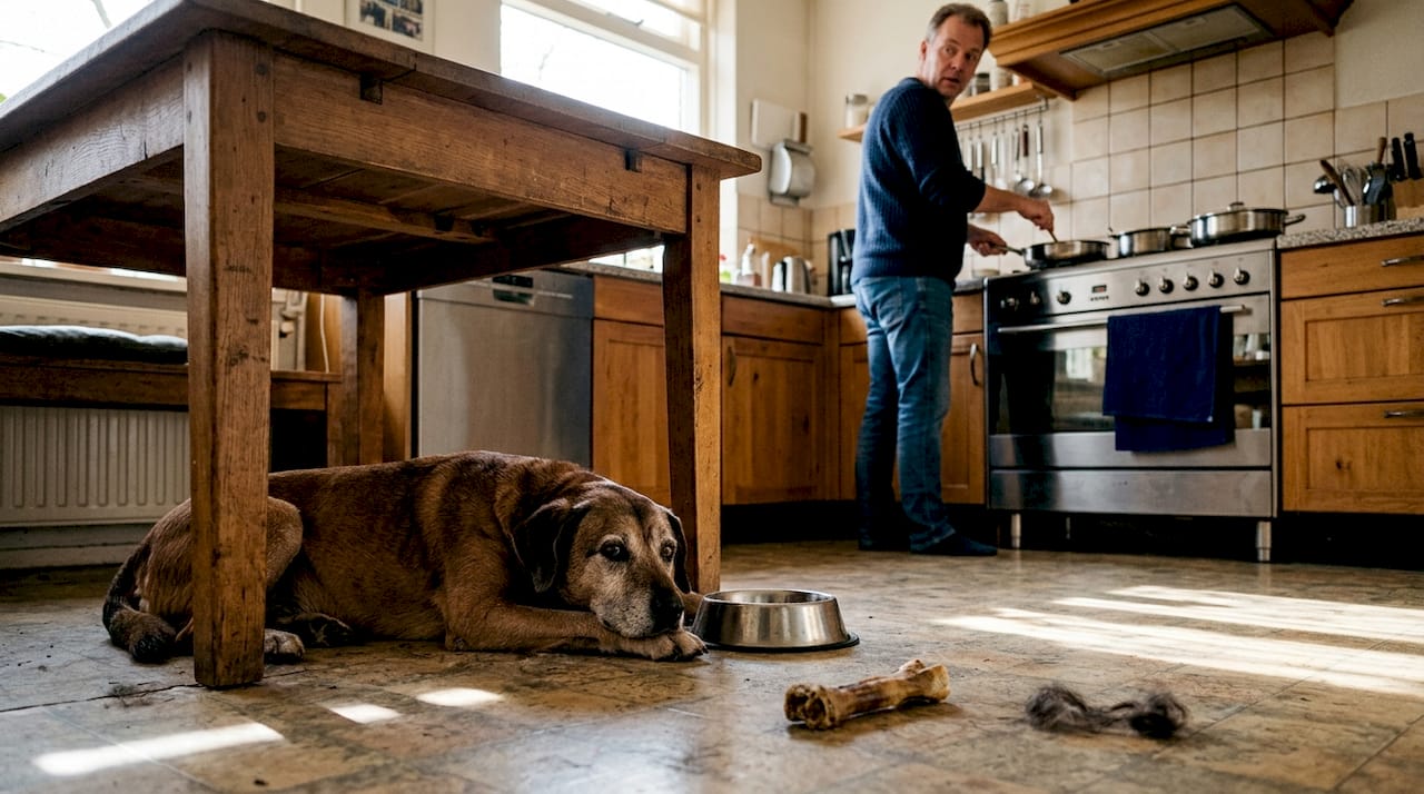Onze oude hond heeft moeite met eten in de keuken.