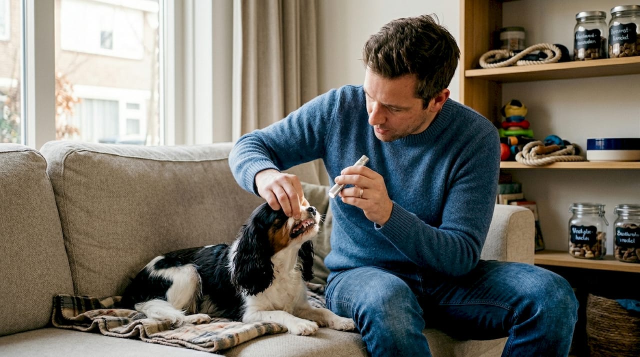 Man bekijkt het gebit van zijn hond terwijl ze samen op de bank zitten