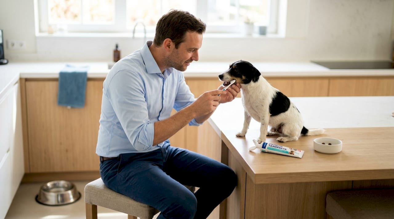 In de keuken de tandjes poetsen van een kleine terriër