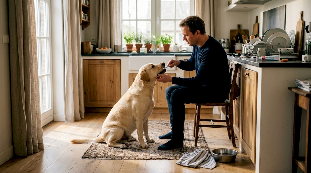 In de keuken staat de baas rustig de tanden van zijn hond te poetsen.