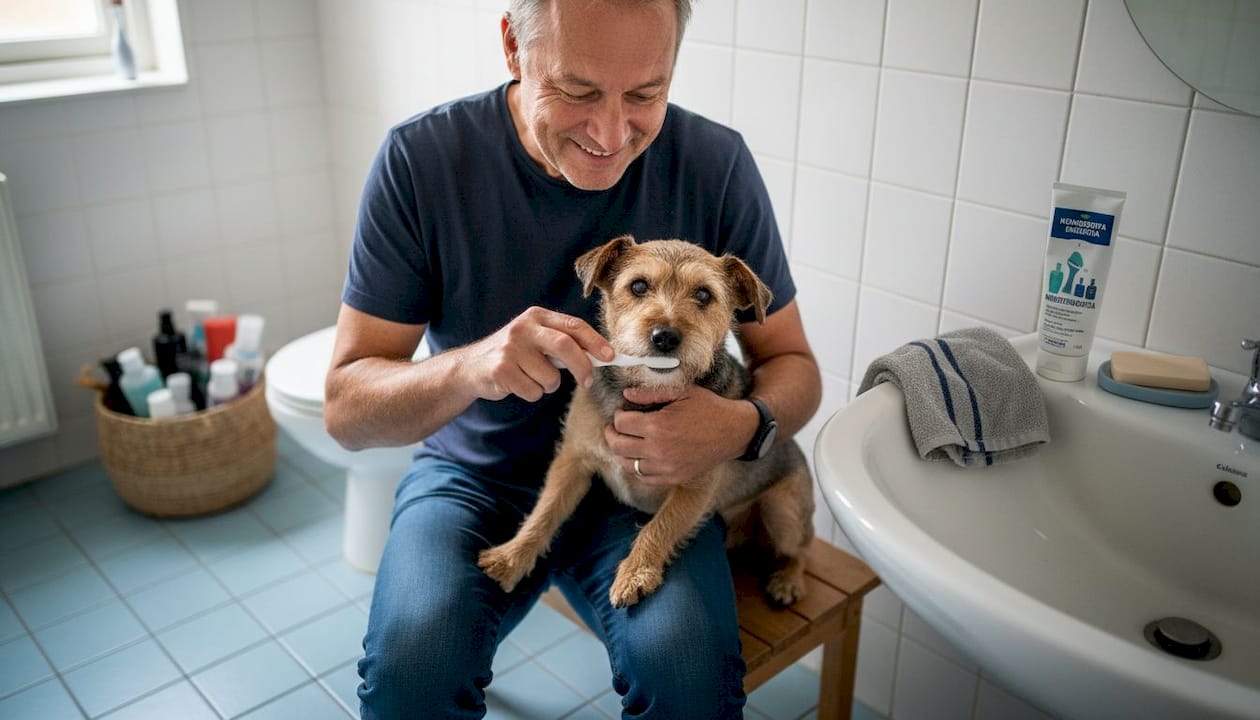 Een man staat in de badkamer en poetst de tanden van zijn hond.