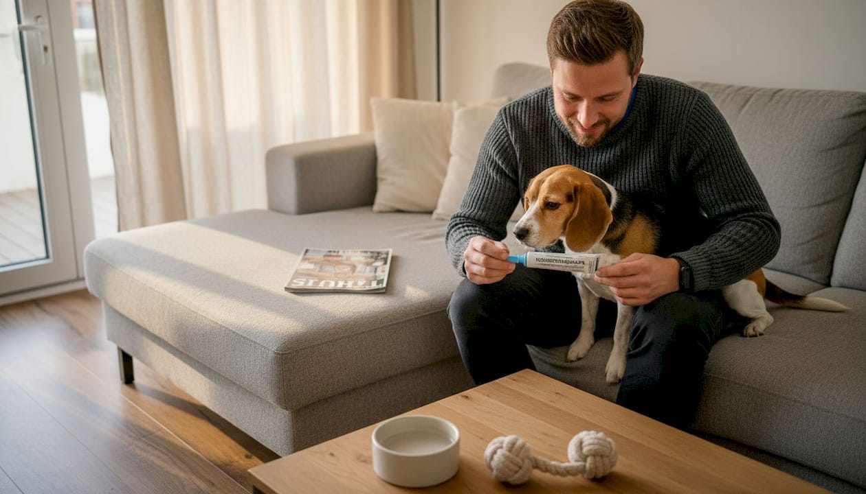 Man laat zijn hond eerst even aan de tandpasta ruiken voordat hij met een vingerborstel poetst.
