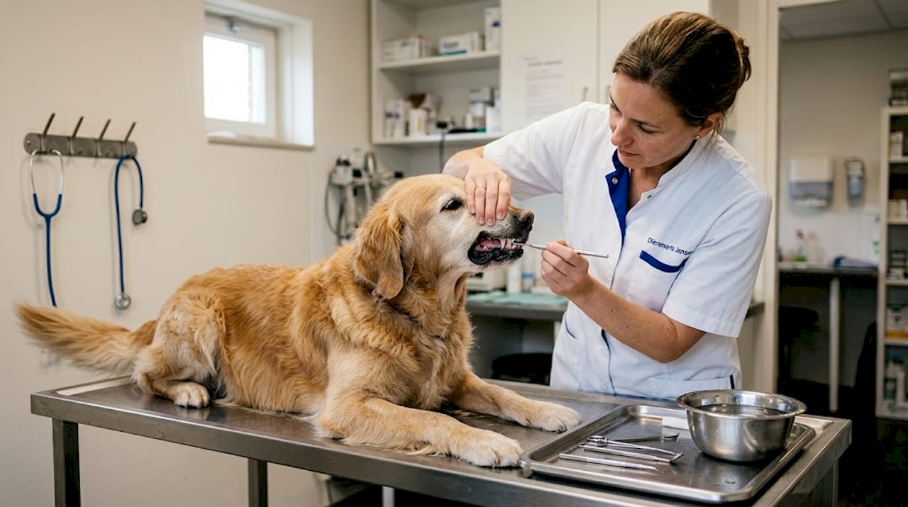 De dierenarts controleert het tandvlees van een golden retriever.