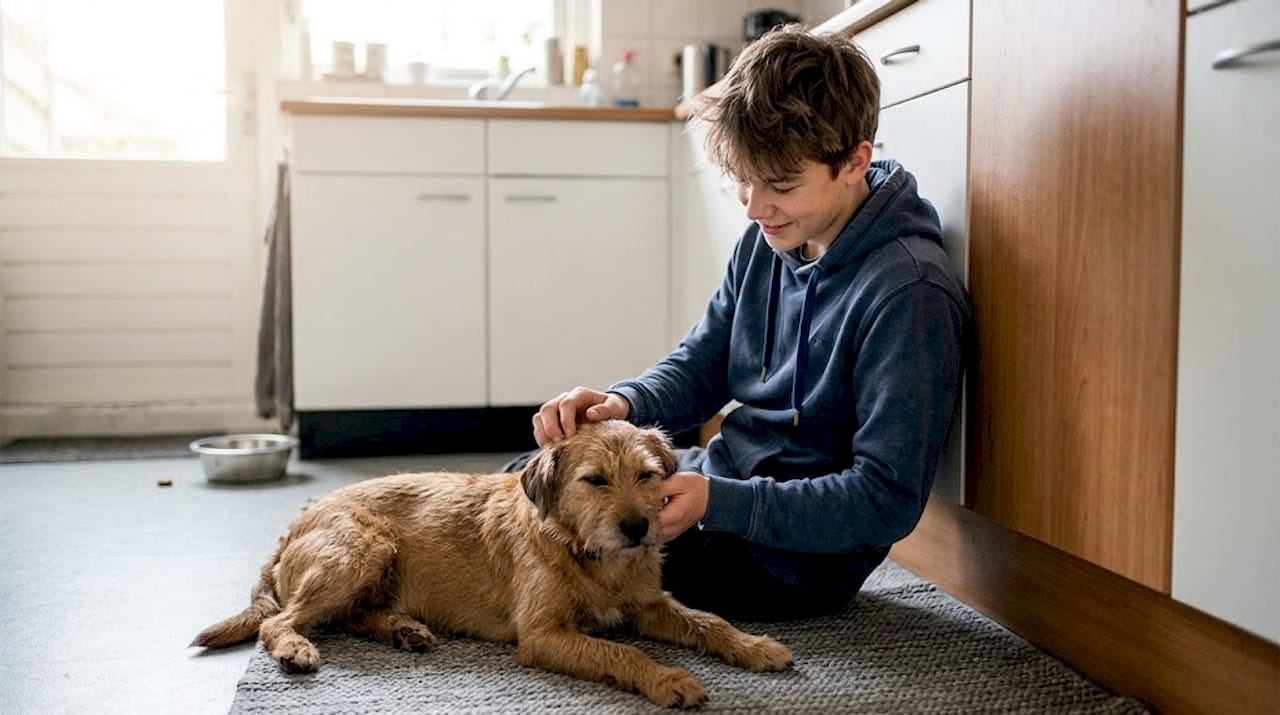 Een jongen stelt zijn hond gerust voordat hij het gebit van het dier in de keuken bekijkt.