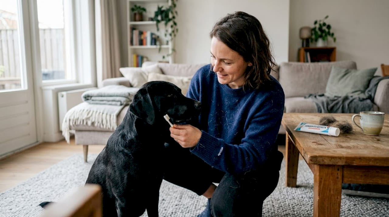 Thuis wordt de hond zijn tanden gepoetst